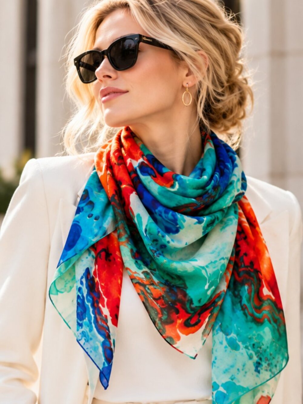 Private Label Hand-Dyed Silk Scarf | Abstract Ocean Wave Print, Blue Teal Red
